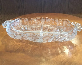 SALE***Vintage CAMBRIDGE ROSEPOINT Divided Footed Relish Dish      Etched Clear Glass Divided Dish