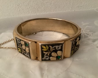 Unique Vintage DAMASCENE BRACELET With Safety Chain  Green Accent Stones and Yellow Leaves