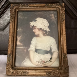 Sale***Vintage Sir JOSHUA REYNOLDS Framed PICTURE   “Simplicity “ of a Young Girl Holding Flowers  very Old Ornate Frame   Vibrant Colors
