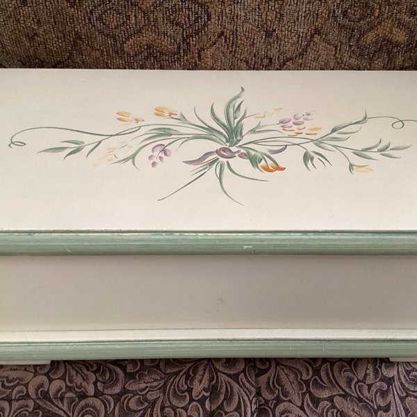 Sale***Vintage WOODEN JEWELRY BOX   Cream Colored With Handpainted Flower Design and Green Trim   Rose Velvet Interior  Inside Mirror