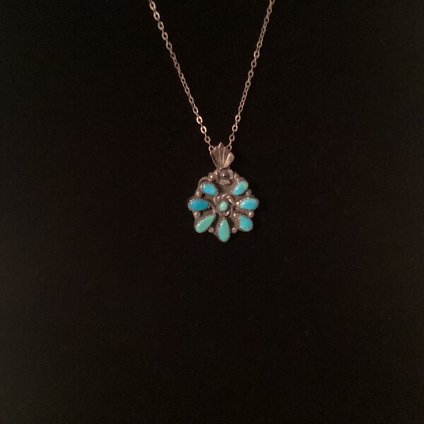 Small Vintage Navajo TURQUOISE and SILVER Flower Pendant on Sterling Chain   Signed by Maker