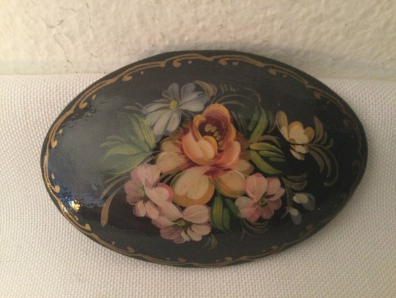Vintage Handpainted RUSSIAN SIGNED BROOCH    Blac… - image 2