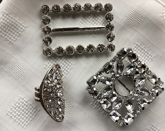 Sale***Vintage 3 Piece Rhinestone BUCKLES and RING   2 Large Rhinestone Buckles and a Marcasite Rhinestone Stretch Ring  All for One Price