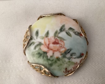 Sale***Vintage HANDPAINTED BROOCH   Rose Brooch Signed by Artist Sue Wilson  Round with Filigree Back and Side Clamps