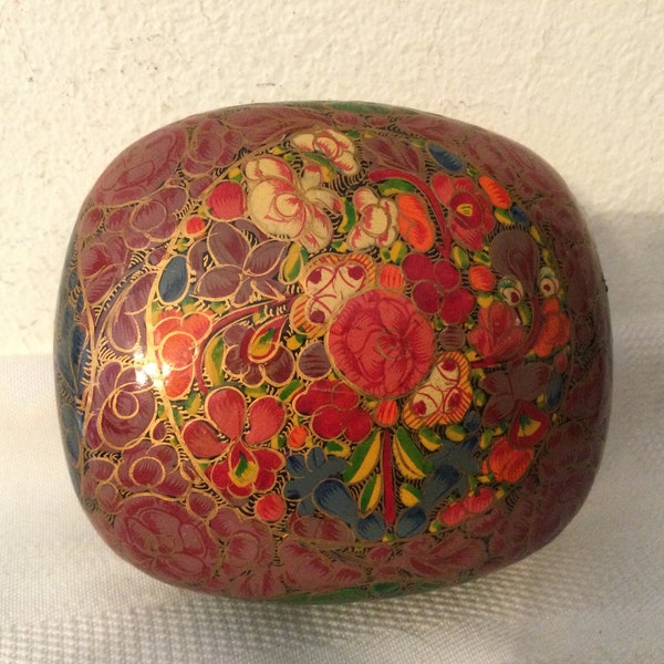 Sale***Vintage LACQUERED FLORAL Trinket Box  Handpainted Paper Mache Floral Box Made in India