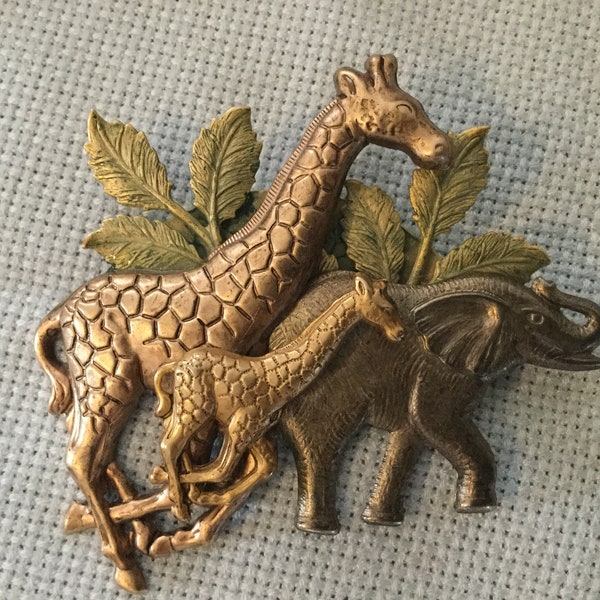 Sale***Vintage Mixed Metal GIRAFFES and ELEPHANT Brooch   Green Leaves Bronze Giraffes and Silvertone Elephant Brooch