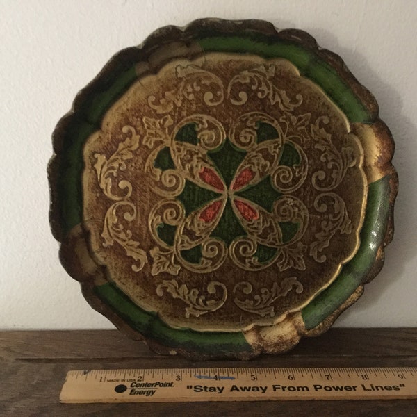 FLORENTINE TRAY    Round Green and Gold with Red Accents Tray