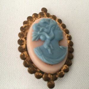 SALEVintage BLUE CAMEO on Pinkish White Background with Brasstone Base Very Old Blue Cameo Brooch image 2