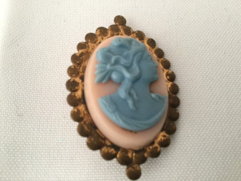 SALEVintage BLUE CAMEO on Pinkish White Background with Brasstone Base Very Old Blue Cameo Brooch image 2