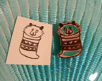 Hamster in christmas stocking, handmade rubber stamp