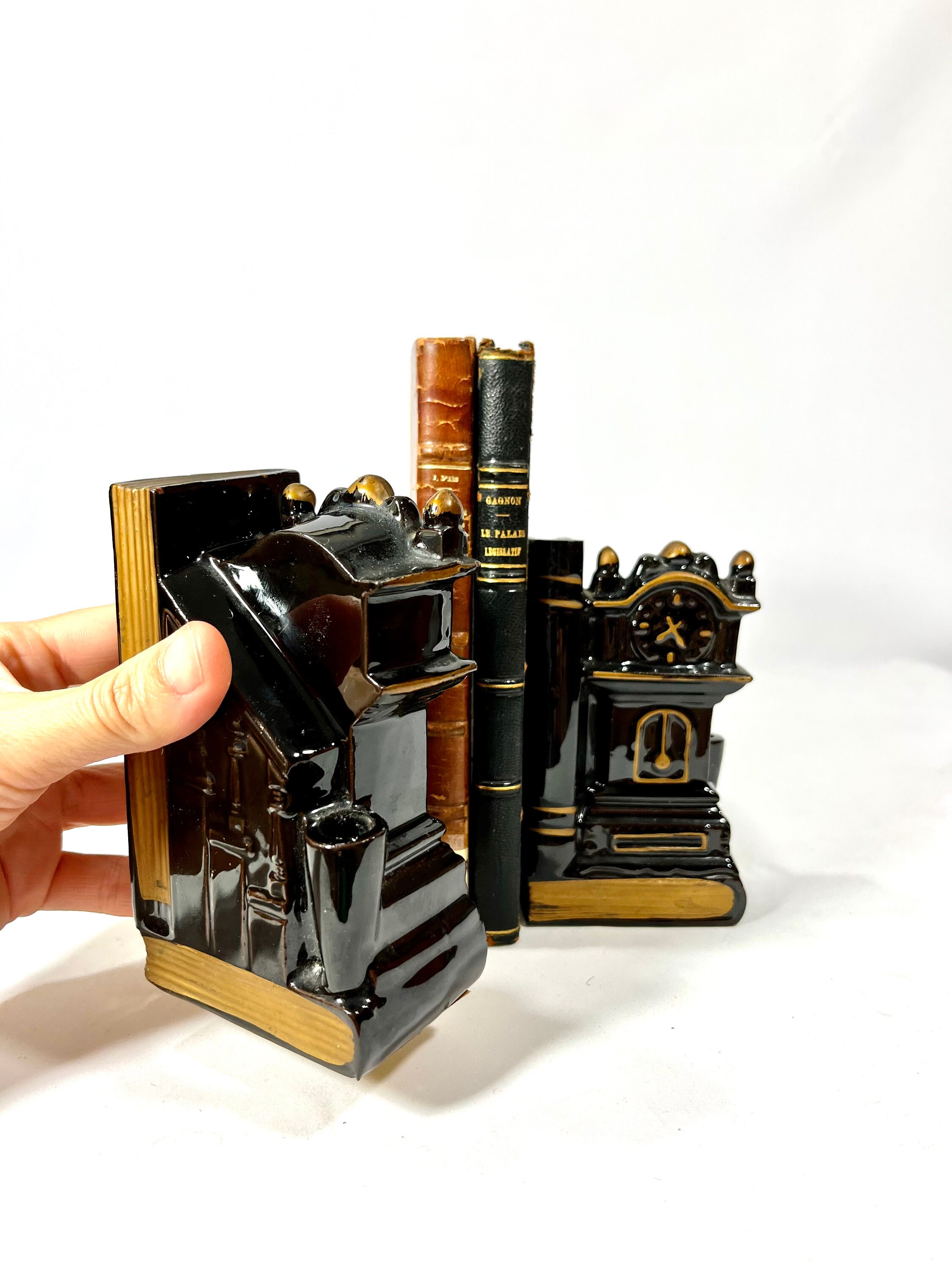 1950s Clock Bookends / Black Porcelain Bookends With Pen Etsy