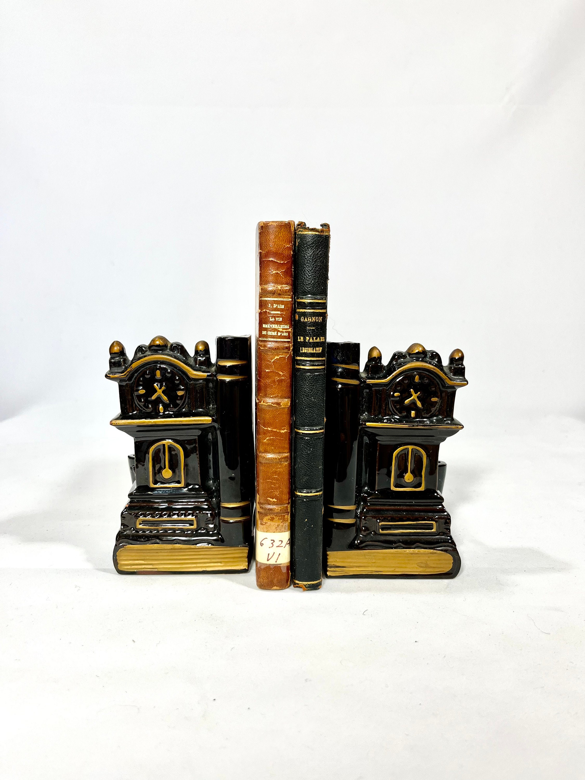 1950s Clock Bookends / Black Porcelain Bookends With Pen Etsy