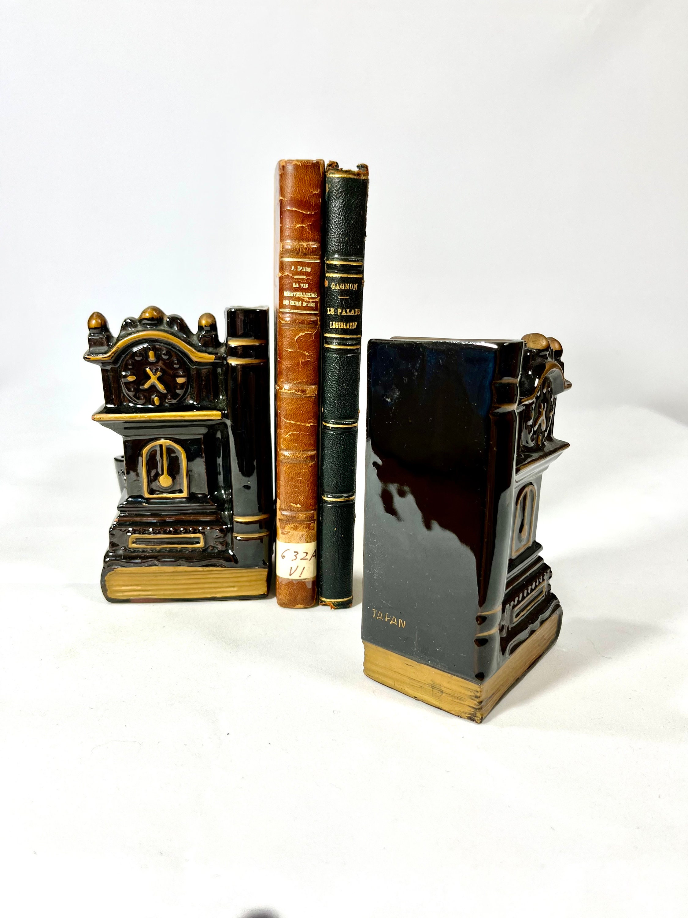 1950s Clock Bookends / Black Porcelain Bookends With Pen Etsy
