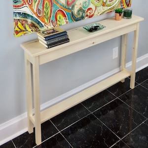 Unfinished Pine Narrow Shaker Console Sofa Wall Table With Shelf- 46&quot; long x 7.5&quot; deep x 30&quot; tall