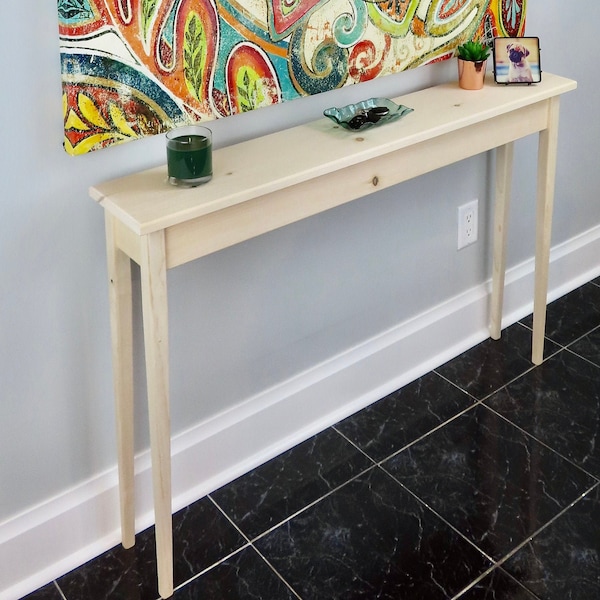 Solid Pine Narrow Console Table - 46" Shaker Style Slim Entryway / Sofa Table Tapered Legs