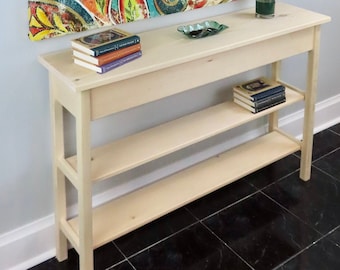 Consola Shaker de pino sin terminar: Mesa de pared para sofá con estantes de 117 cm