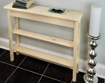 Unfinished Pine Narrow Shaker Console Sofa Wall Table With 2 Shelves- 36" long x 7.5" deep x 30" tall