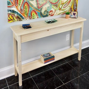 Unfinished Pine Shaker Console Sofa Wall Table With Bottom Shelf-46&quot; long x 11.25 deep x 30&quot; high