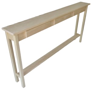 Unfinished Pine Narrow Shaker Console Sofa Wall Table With Bottom Shelf and False Drawer- 60&quot; long x 7.5&quot; deep x 30&quot; tall