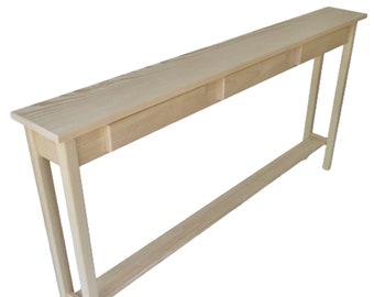 Mesa consola Shaker de pino sin acabado: mesa auxiliar estrecha para sofá con estante de 60 pulgadas.