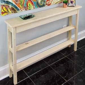 Unfinished Pine Narrow Shaker Console Sofa Wall Table With 2 Shelves- 46&quot; long x 7.5&quot; deep x 30&quot; tall