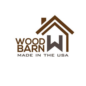 May include: Brown logo with a stylized house shape and the text "WOOD BARN" and a gray "W" inside the house. The text "MADE IN THE USA" is below the logo.