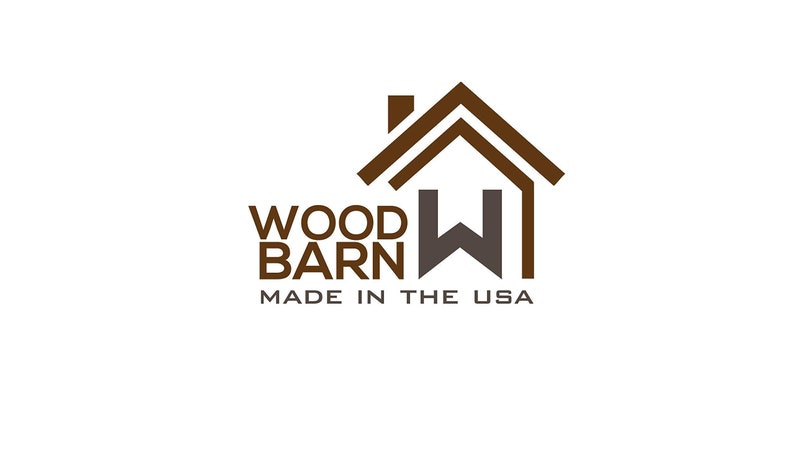 May include: Brown logo with a stylized house shape and the text "WOOD BARN" and a gray "W" inside the house. The text "MADE IN THE USA" is below the logo.
