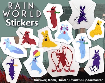 May include: A collection of "Rain World" stickers featuring various colorful creatures. The stickers are on white, irregularly shaped backgrounds. The text "Rain World Stickers" is at the top, and "Survivor, Monk, Hunter, Rivulet & Spearmaster" is at the bottom.