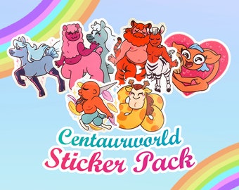May include: A sticker pack featuring colorful cartoon characters from the show Centaurworld. The characters include a unicorn, a sheep, a giraffe, a tiger, a zebra, and a heart-shaped creature.