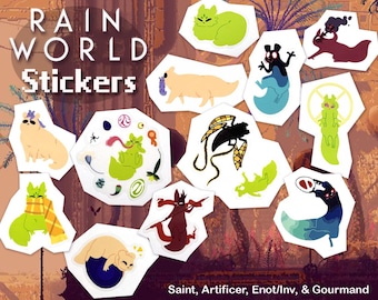 May include: A collection of Rain World stickers featuring various stylized creatures in shades of green, tan, and maroon. The stickers are in various shapes and sizes, with the text "RAIN WORLD Stickers" at the top. The bottom of the image has the text "Saint, Artificer, Enot/Inv, & Gourmand".