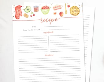 Large 8.5"x11" Watercolor Recipe Cards - Dessert - Pies Theme - Kitchen Watercolor Illustrations - 10, 25 or 50 - Utensils - Cooking