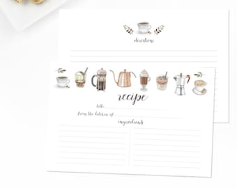 Watercolor Recipe Cards - Set of 15, 30, or 50 - Coffee Theme #2 - Watercolor Illustrations - 4x6 - High Quality Linen Cardstock - Gift