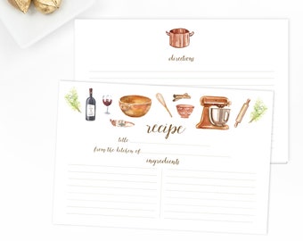 Watercolor Recipe Cards - Set of 15, 30, or 50 - Copper Kitchen - KitchenAid - Watercolor Illustrations - 4x6 - High Quality Linen Cardstock