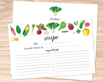 Watercolor Recipe Cards - Set of 15, 30, or 50 - Vegetable Theme Napa - Watercolor Illustrations - 4x6 - High Quality Cardstock - Gift