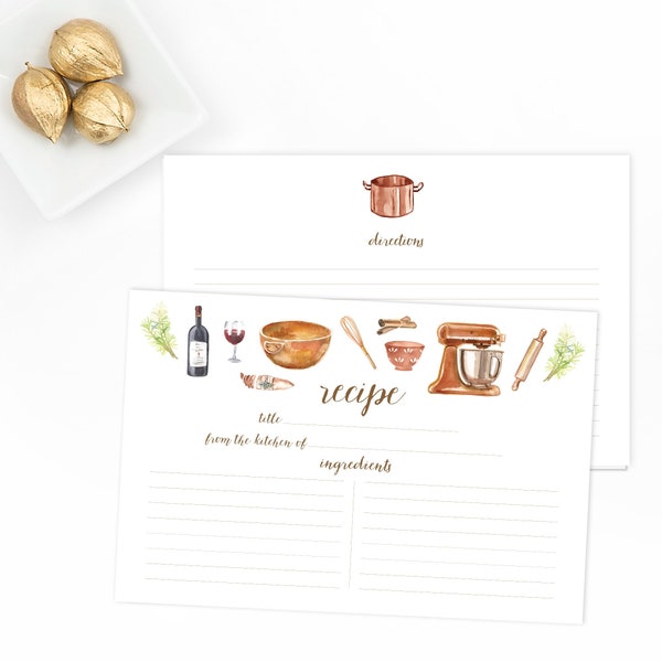 Watercolor Recipe Cards - Set of 15, 30, or 50 - Copper Kitchen - KitchenAid - Watercolor Illustrations - 4x6 - High Quality Linen Cardstock