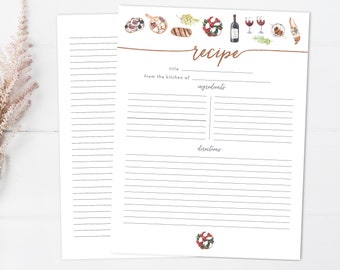 Large 8.5"x11" Watercolor Recipe Cards - Picnic Theme - Kitchen Watercolor Illustrations - 10, 25 or 50 - Utensils - Cooking- Picnic #3