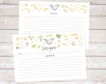 Watercolor Recipe Cards - Set of 15, 30, or 50 - Pasta -Kitchen Theme - Watercolor Illustrations - 4x6 - High Quality Linen Cardstock