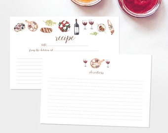 Watercolor Recipe Cards - Set of 15, 30, or 50 - Picnic Theme - Wine - Watercolor Illustrations - 4x6 - High Quality Linen - Alcohol