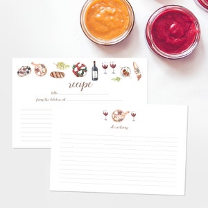 Watercolor Recipe Cards - Set of 15, 30, or 50 - Picnic Theme - Wine - Watercolor Illustrations - 4x6 - High Quality Linen - Alcohol