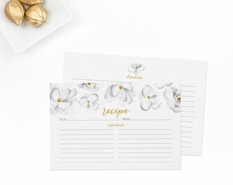 Recipe Cards Set of 15, 30 or 50  - Magnolia Floral Border Design - 4x6 Recipe Cards - High Quality Linen Cardstock