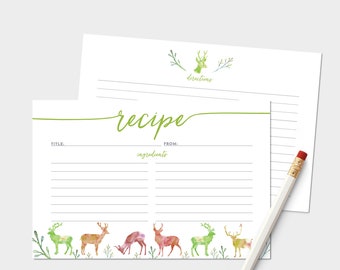 Watercolor Recipe Cards - Set of 15, 30, or 50 - Deer Woodland Theme - Watercolor Illustrations - 4x6 - High Quality Linen Cardstock