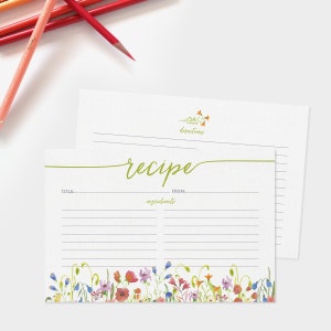 Recipe Cards Set of 15, 30 or 50 Wildflower Floral Border Design 4x6 Recipe Cards Bridal Shower High Quality Linen Cardstock image 1