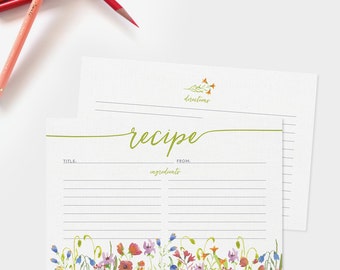 Recipe Cards Set of 15, 30 or 50 - Wildflower Floral Border Design - 4x6 Recipe Cards - Bridal Shower - High Quality Linen Cardstock