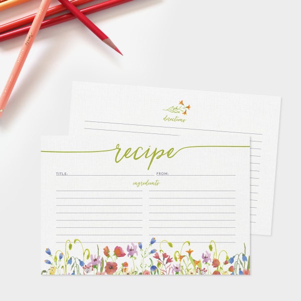Recipe Cards Set of 15, 30 or 50 - Wildflower Floral Border Design - 4x6 Recipe Cards - Bridal Shower - High Quality Linen Cardstock