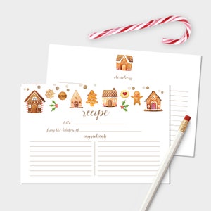 Watercolor Recipe Cards - Set of 15, 30, or 50 - Ginger Houses Theme 2 - Christmas Watercolor Illustrations - 4x6 - Quality  Linen Cardstock