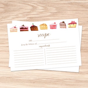 Watercolor Recipe Cards - Set of 15, 30, or 50 - Dessert Cakes Theme - Watercolor Illustrations - 4x6 - High Quality Linen Cardstock - Gift