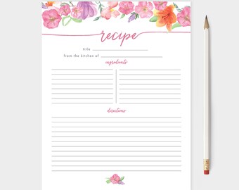 Large 8.5"x11" Watercolor Recipe Cards - Summer Flowers - Kitchen Watercolor Illustrations - 10, 25 or 50 - Baking - Bridal Shower