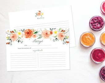 Watercolor Recipe Cards - Set of 15, 30, or 50 - Dark Peach Roses -Flowers Theme - Floral Watercolor  - 4x6 - High Quality Linen Cardstock