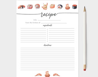 Large 8.5"x11" Watercolor Recipe Cards - Sushi Recipes Theme - Kitchen Watercolor Illustrations - 10, 25 or 50 - Fish - Cooking