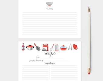 Watercolor Recipe Cards - Set of 15, 30, or 50 - Red Kitchen Cooking Theme - Watercolor Illustrations - 4x6 - High Quality Linen Cardstock